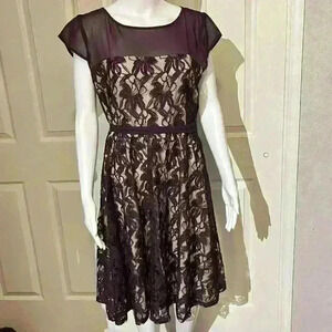 Dressbarn Collection Dress Y2K Lace Appliqué Tie-Waist Purple Sheath 12 Womens
